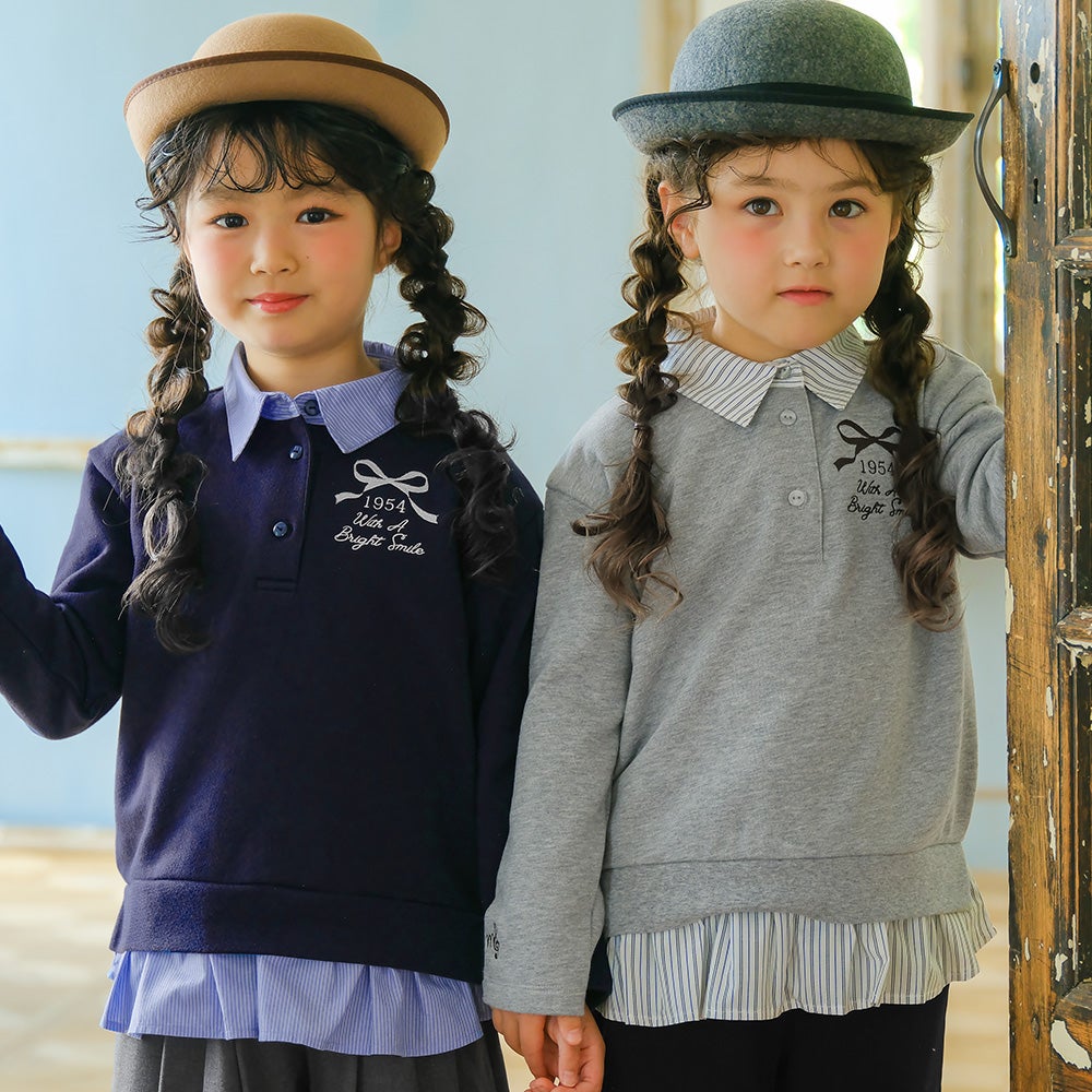 子供服 女の子 リボン ロゴ 刺繍 襟付き シャツ トレーナー 重ね着風 Tシャツ