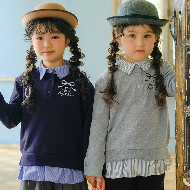 子供服 女の子 リボン ロゴ 刺繍 襟付き シャツ トレーナー 重ね着風 Tシャツ