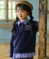 子供服 女の子 リボン ロゴ 刺繍 襟付き シャツ トレーナー 重ね着風 Tシャツ ネイビー(06) モデル画像アップ