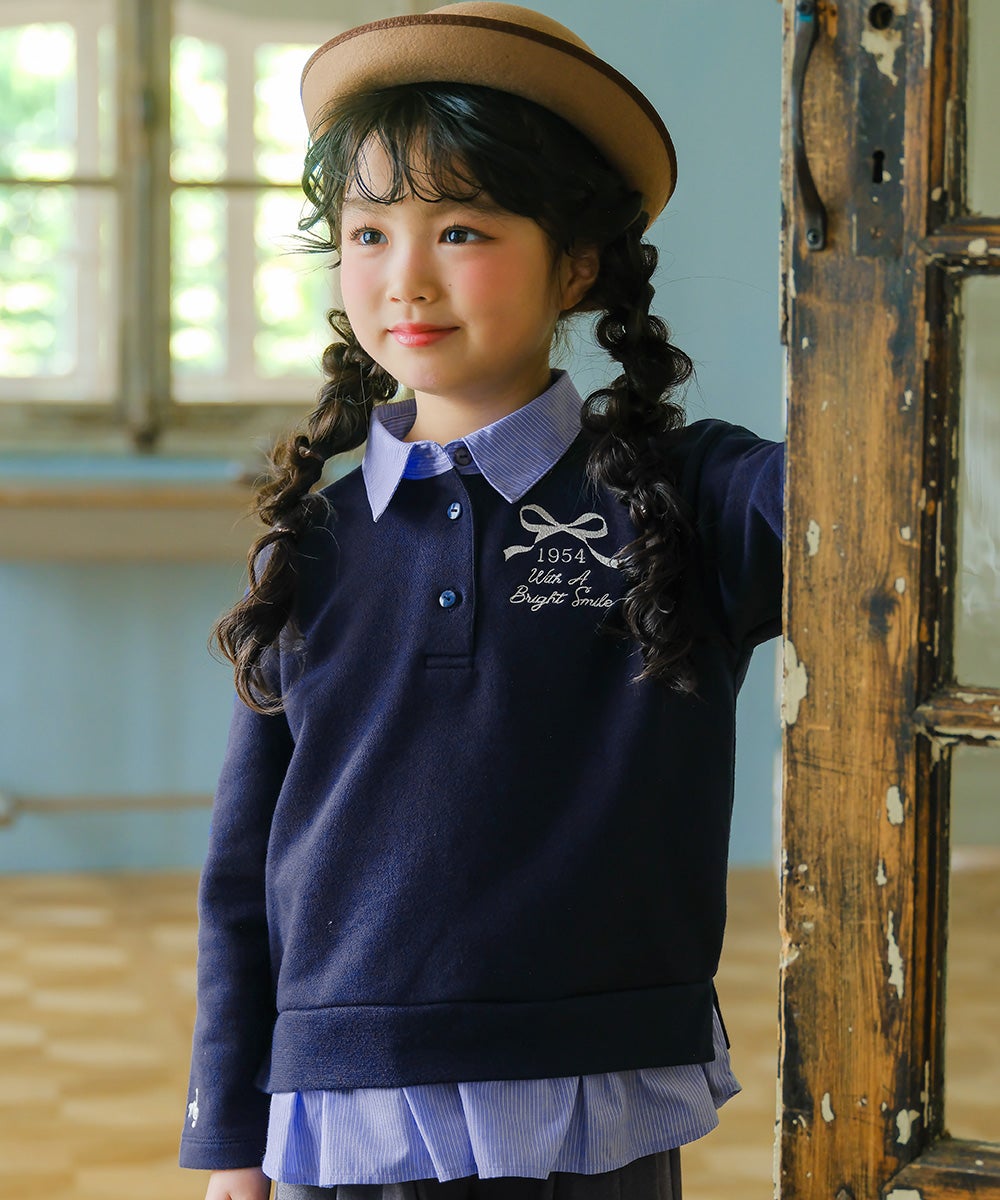 子供服 女の子 リボン ロゴ 刺繍 襟付き シャツ トレーナー 重ね着風 Tシャツ ネイビー(06) モデル画像アップ