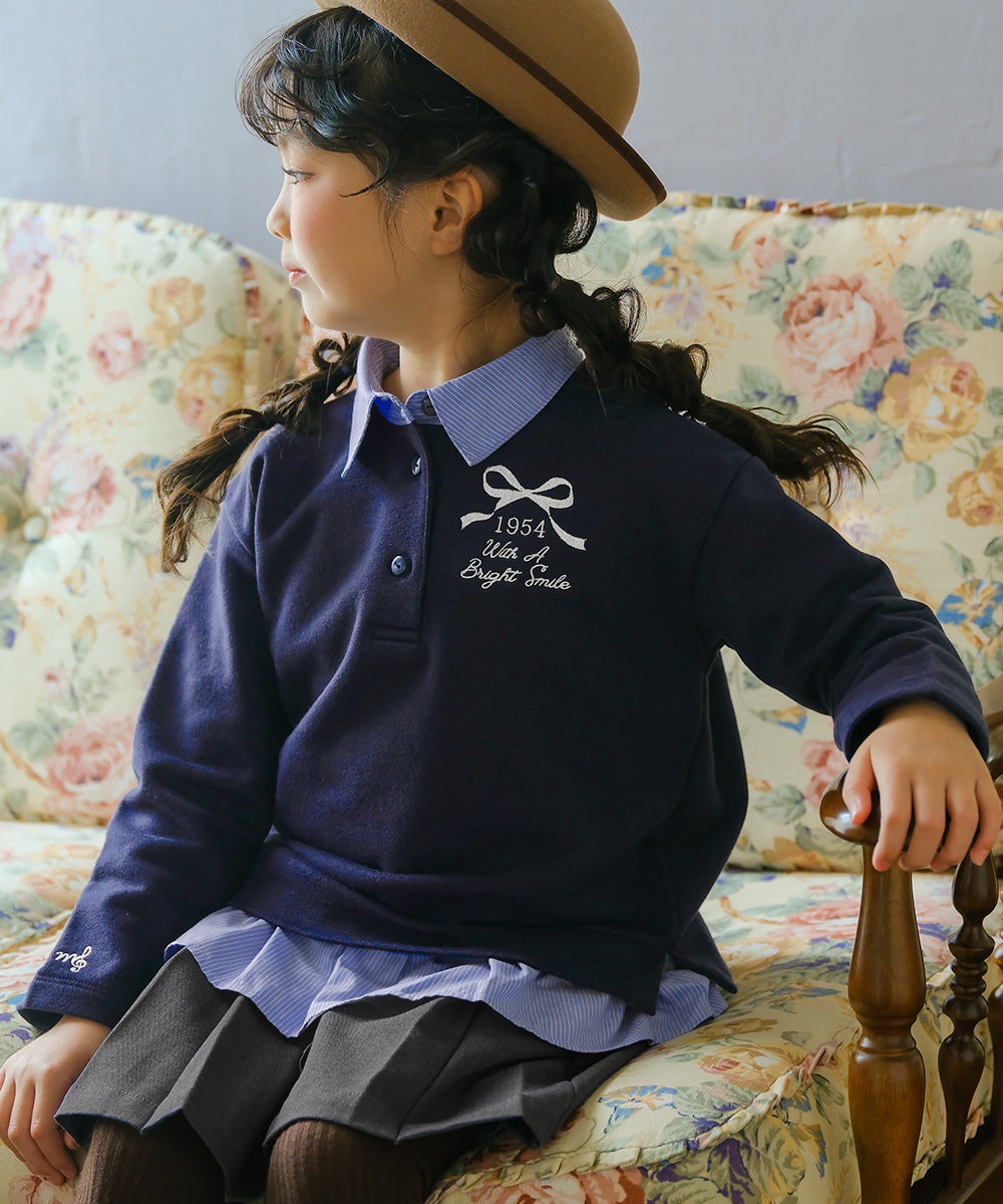 子供服 女の子 リボン ロゴ 刺繍 襟付き シャツ トレーナー 重ね着風 Tシャツ ネイビー(06) モデル画像1