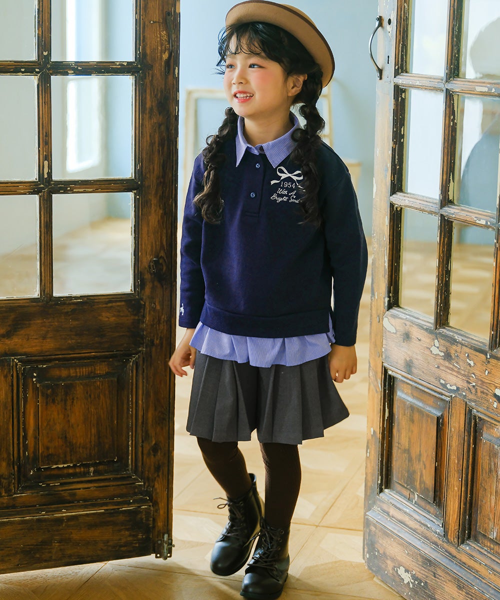 子供服 女の子 リボン ロゴ 刺繍 襟付き シャツ トレーナー 重ね着風 Tシャツ ネイビー(06) モデル画像2