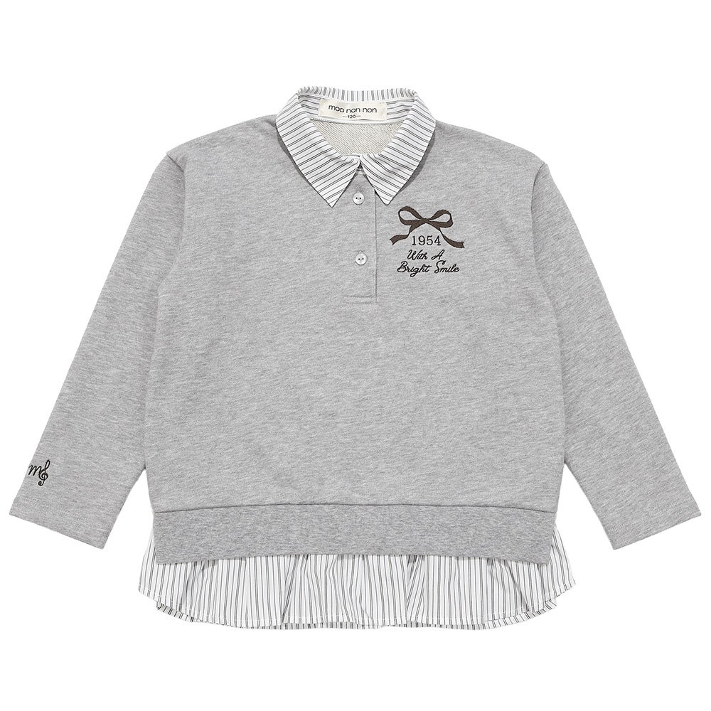 子供服 女の子 リボン ロゴ 刺繍 襟付き シャツ トレーナー 重ね着風 Tシャツ 杢ｸﾞﾚｰ(92) 正面