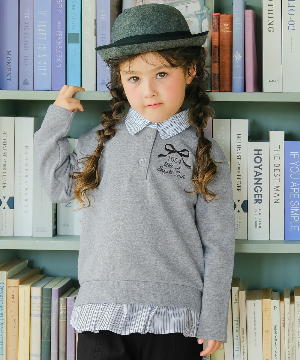 子供服 女の子 リボン ロゴ 刺繍 襟付き シャツ トレーナー 重ね着風 Tシャツ 杢ｸﾞﾚｰ(92) モデル画像アップ