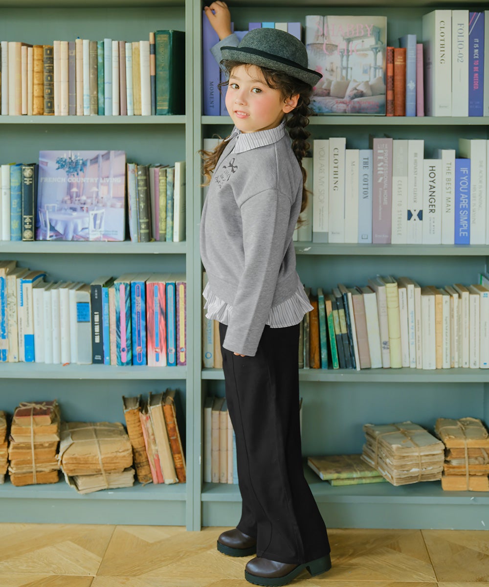 子供服 女の子 リボン ロゴ 刺繍 襟付き シャツ トレーナー 重ね着風 Tシャツ 杢ｸﾞﾚｰ(92) モデル画像全身