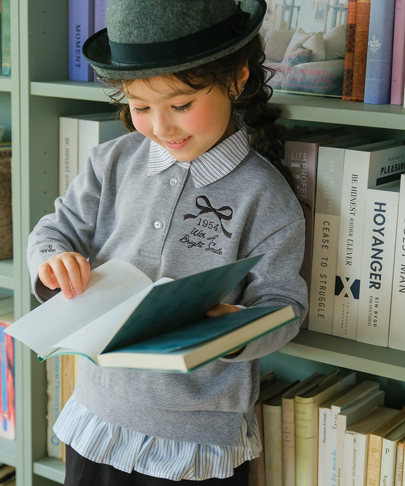 リボン ロゴ 刺繍 襟付き シャツ トレーナー 重ね着風 Tシャツ