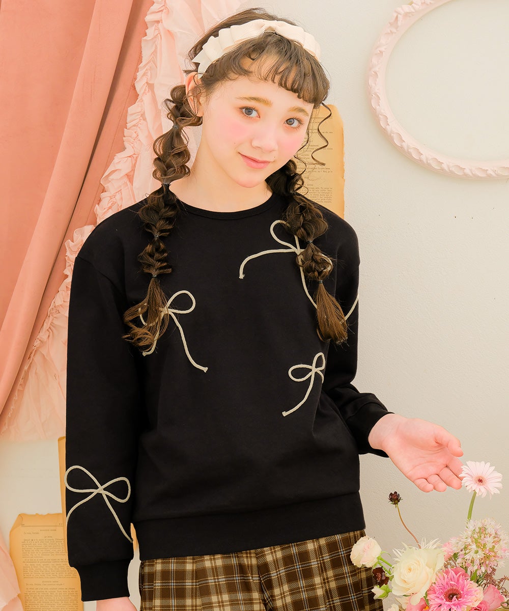 子供服 女の子 子ども服 こども キッズ ジュニア 長そで リボンモチーフつき ブラック(00) モデル画像アップ