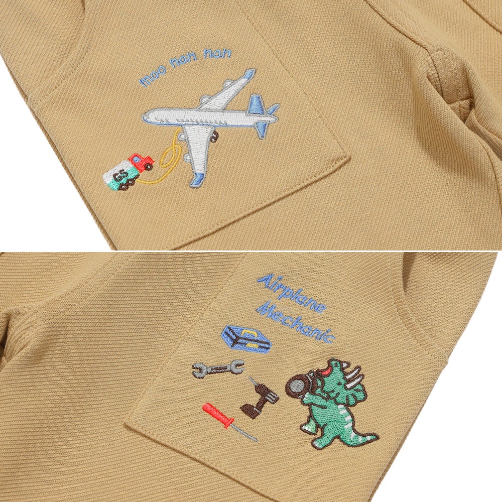 ベビー服 男の子 飛行機 乗り物 恐竜 刺繍 ポケットつき ストレッチ ベイカーパンツ ベージュ(51) デザインポイント1