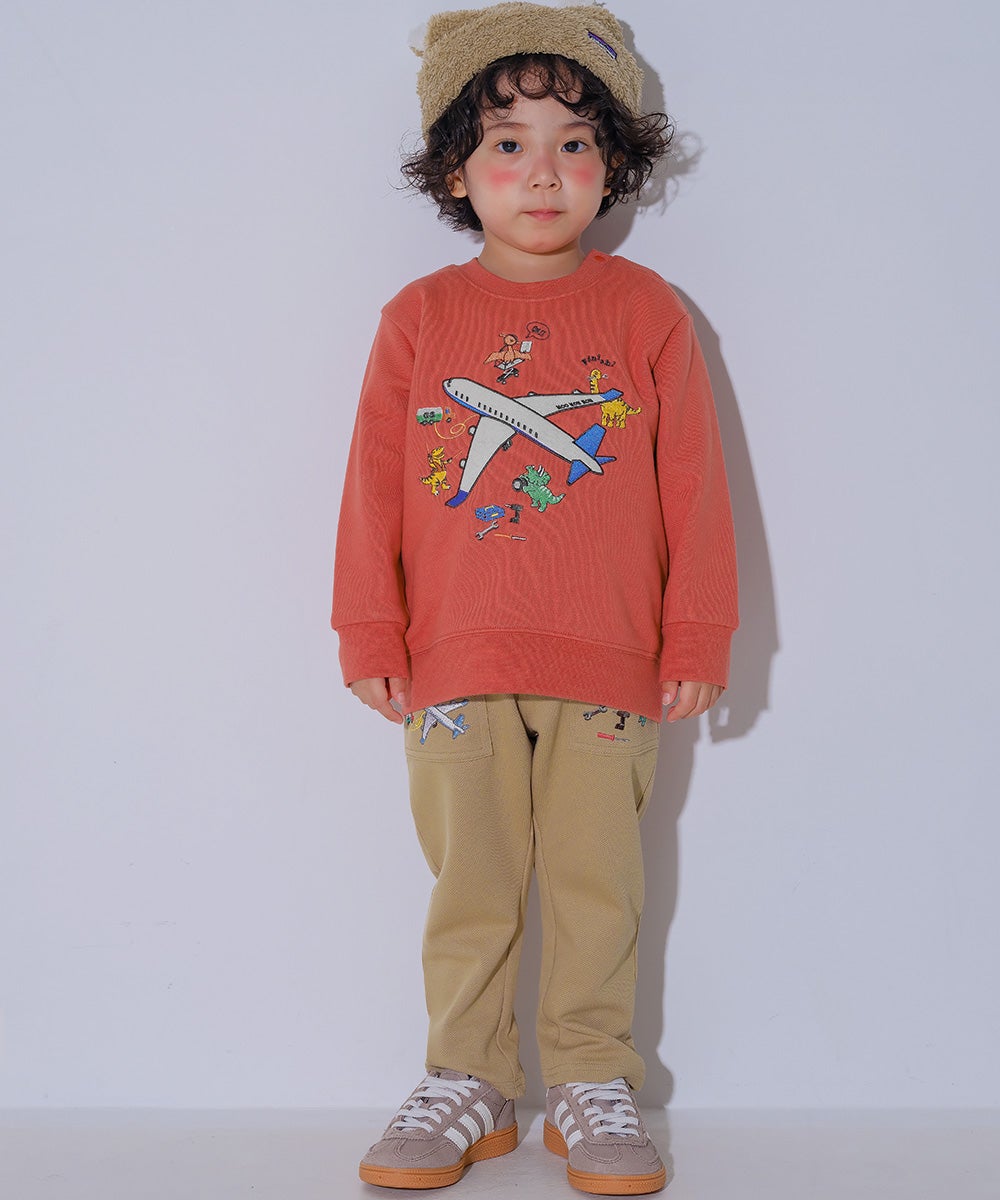 ベビー服 男の子 飛行機 乗り物 恐竜 刺繍 ポケットつき ストレッチ ベイカーパンツ ベージュ(51) モデル画像アップ