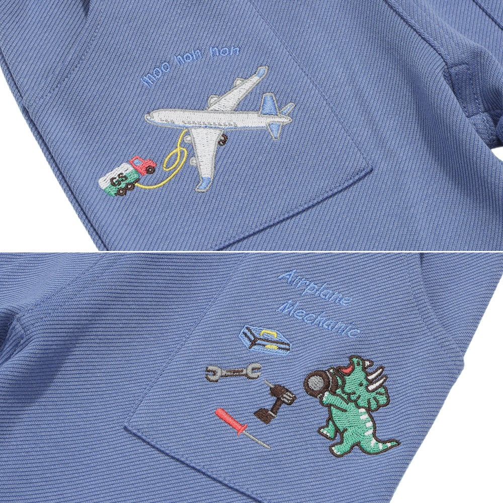 ベビー服 男の子 飛行機 乗り物 恐竜 刺繍 ポケットつき ストレッチ ベイカーパンツ ブルー(61) デザインポイント1
