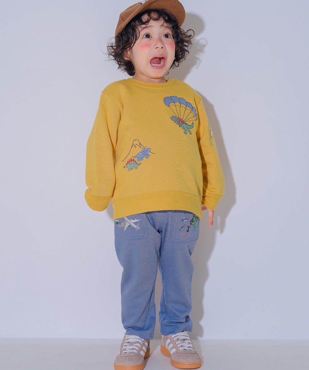 ベビー服 男の子 飛行機 乗り物 恐竜 刺繍 ポケットつき ストレッチ ベイカーパンツ ブルー(61) モデル画像アップ
