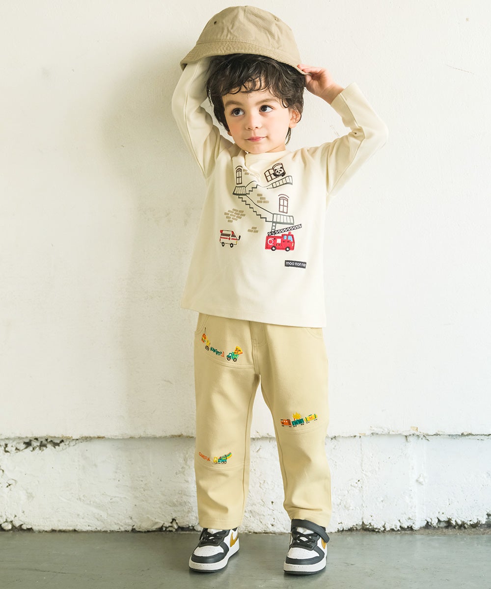 ベビー服 男の子 ハンバーガー はたらく車 乗り物刺繍 ストレッチパンツ ベージュ(51) モデル画像アップ