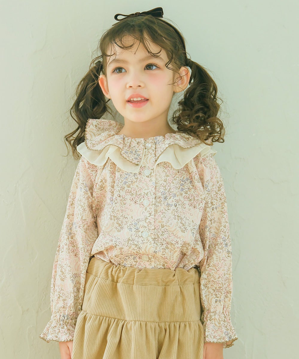 子供服 女の子 小花柄 シフォンフリル襟付き ブラウス アイボリー(12) モデル画像アップ