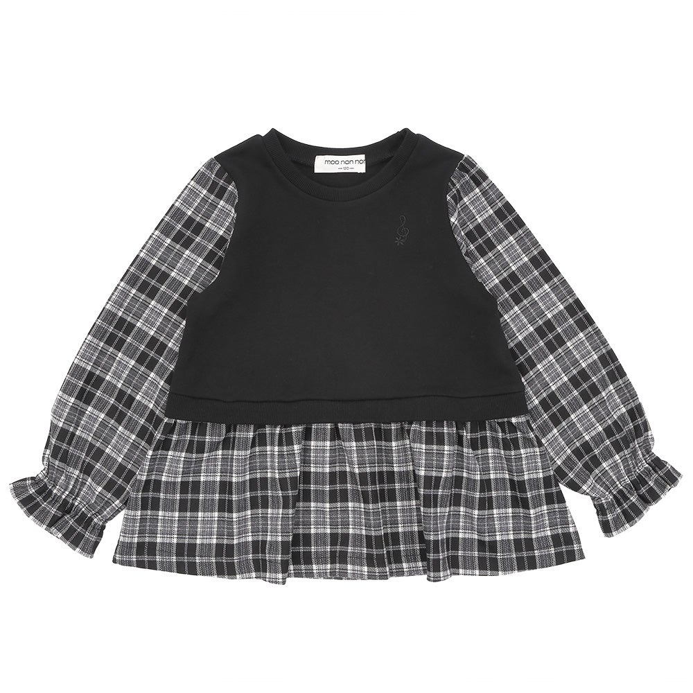 ベビー服 女の子 子ども服 こども キッズ ジュニア チェック柄 重ね着風 Aライン 長そでトレーナー ブラック(00) 正面