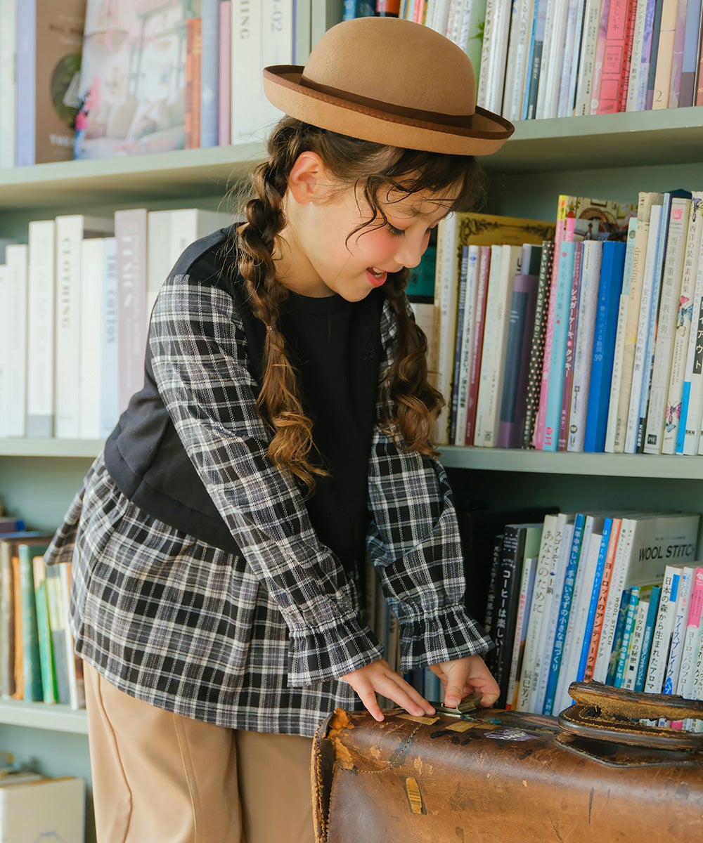 ベビー服 女の子 子ども服 こども キッズ ジュニア チェック柄 重ね着風 Aライン 長そでトレーナー ブラック(00) モデル画像3