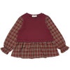 ベビー服 女の子 子ども服 こども キッズ ジュニア チェック柄 重ね着風 Aライン 長そでトレーナー エンジ(31) 正面