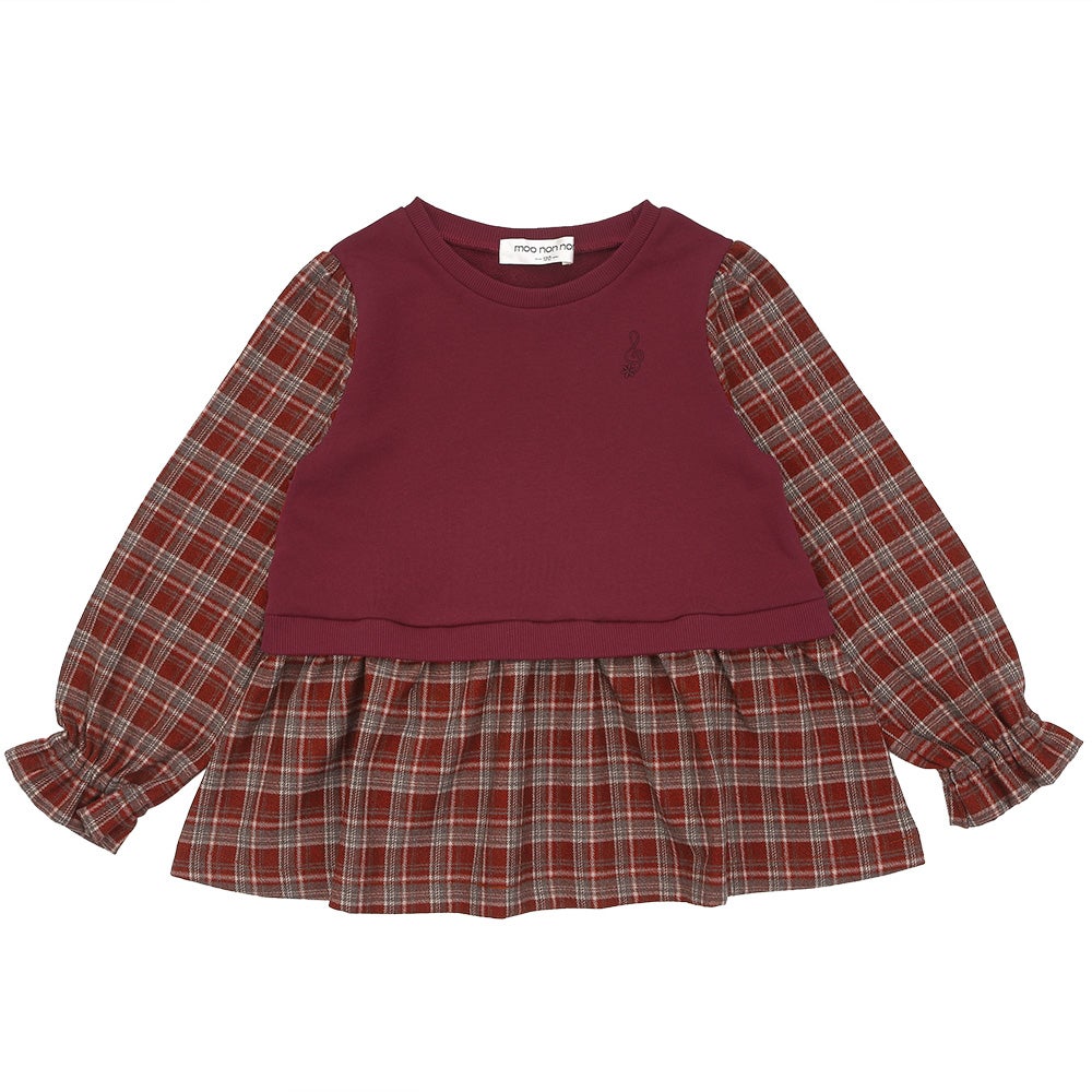 ベビー服 女の子 子ども服 こども キッズ ジュニア チェック柄 重ね着風 Aライン 長そでトレーナー エンジ(31) 正面