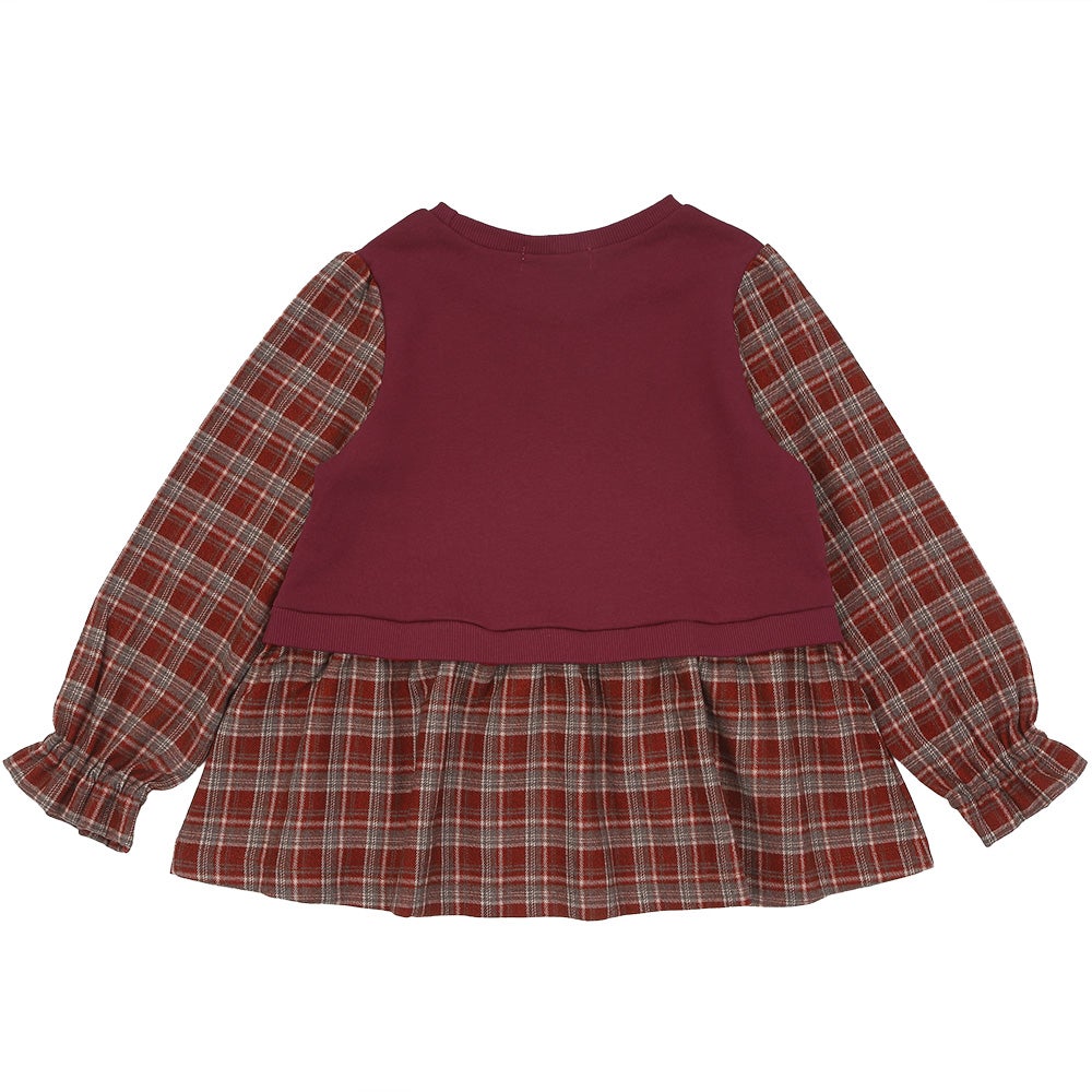 ベビー服 女の子 子ども服 こども キッズ ジュニア チェック柄 重ね着風 Aライン 長そでトレーナー エンジ(31) 背面