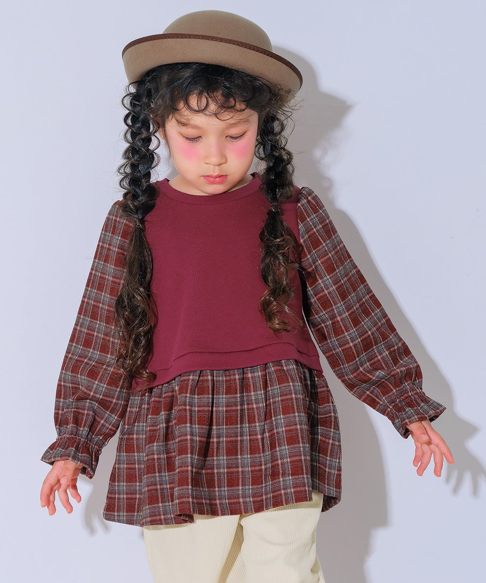 ベビー服 女の子 子ども服 こども キッズ ジュニア チェック柄 重ね着風 Aライン 長そでトレーナー エンジ(31) モデル画像1