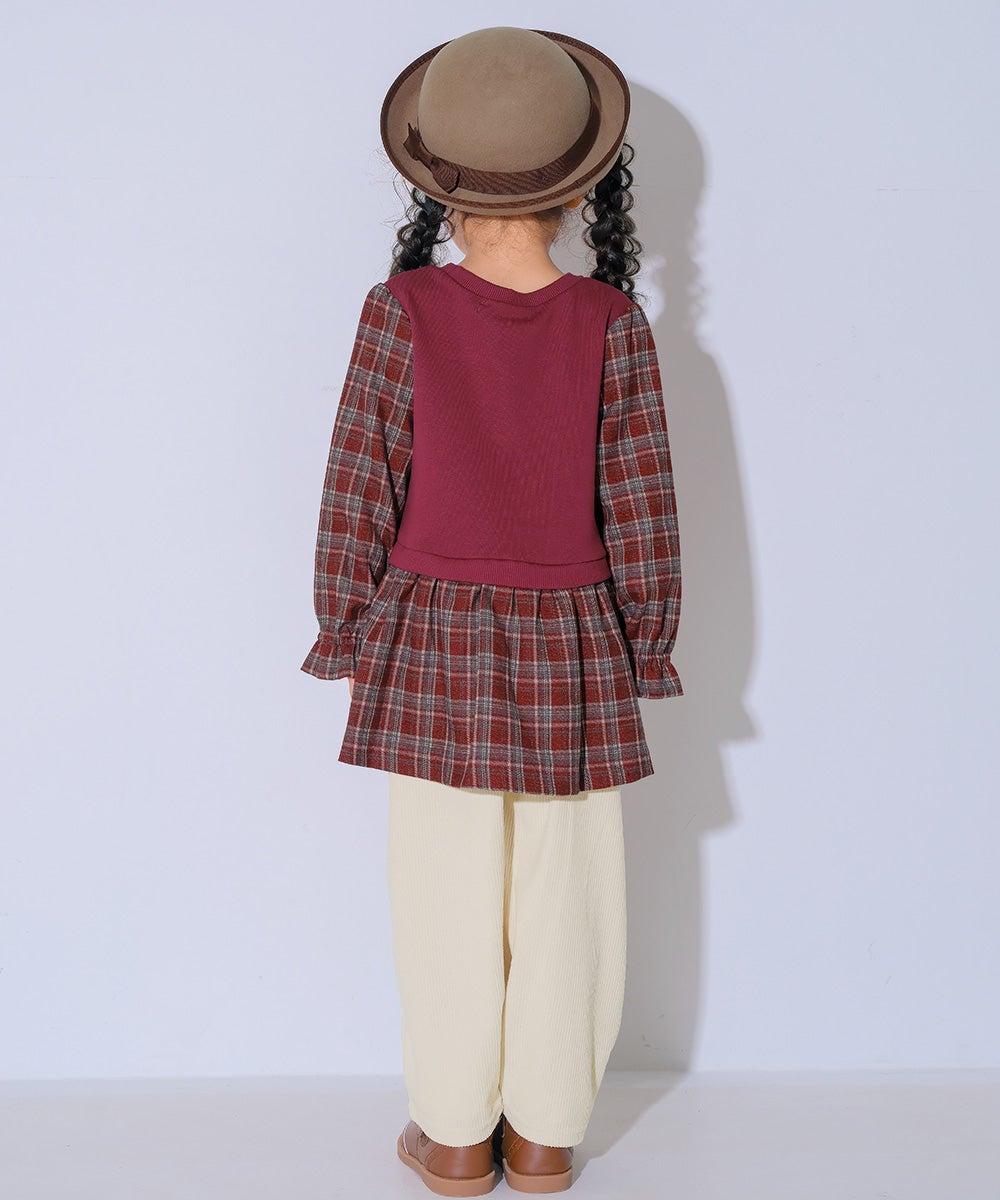 ベビー服 女の子 子ども服 こども キッズ ジュニア チェック柄 重ね着風 Aライン 長そでトレーナー エンジ(31) モデル画像2