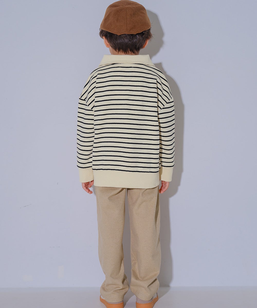 子供服 男の子 男女兼用 ボーダー柄 襟付き 裏毛 ハーフジップ トレーナー ホワイト×ブラック(10) モデル画像全身