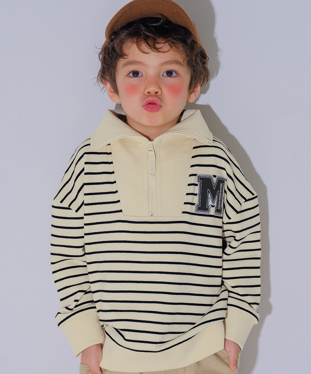子供服 男の子 男女兼用 ボーダー柄 襟付き 裏毛 ハーフジップ トレーナー ホワイト×ブラック(10) モデル画像3