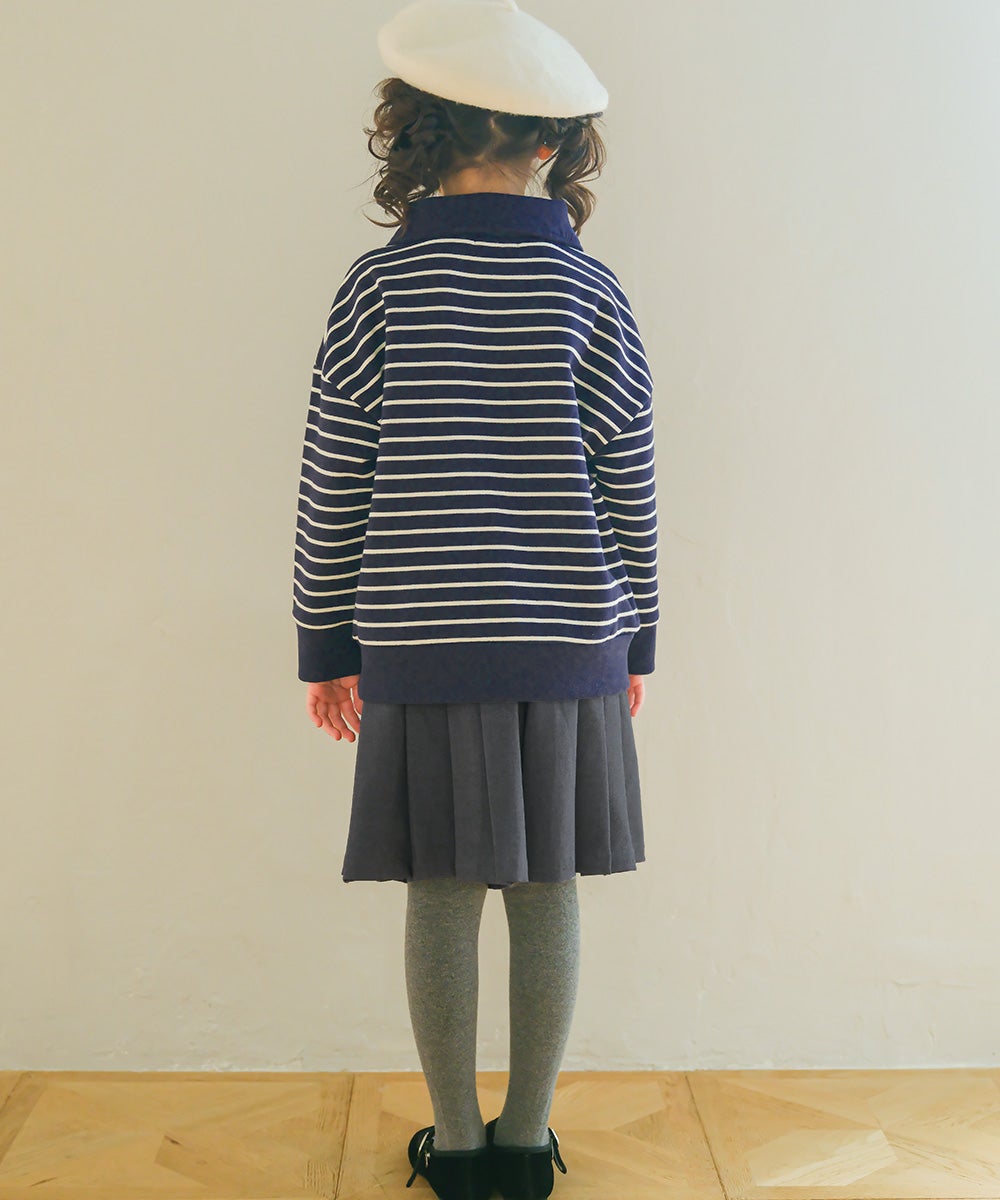 子供服 男の子 男女兼用 ボーダー柄 襟付き 裏毛 ハーフジップ トレーナー ネイビー(06) モデル画像全身