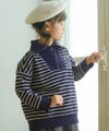 子供服 男の子 男女兼用 ボーダー柄 襟付き 裏毛 ハーフジップ トレーナー ネイビー(06) モデル画像2