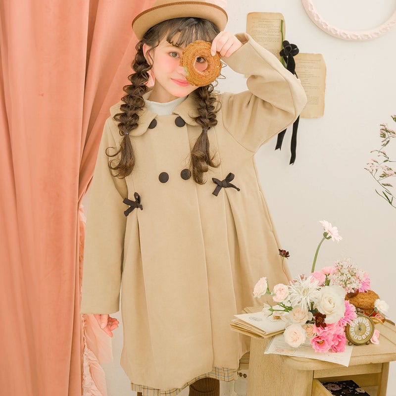 子供服 女の子 リボン 襟つき ダブルボタン 微起毛コート