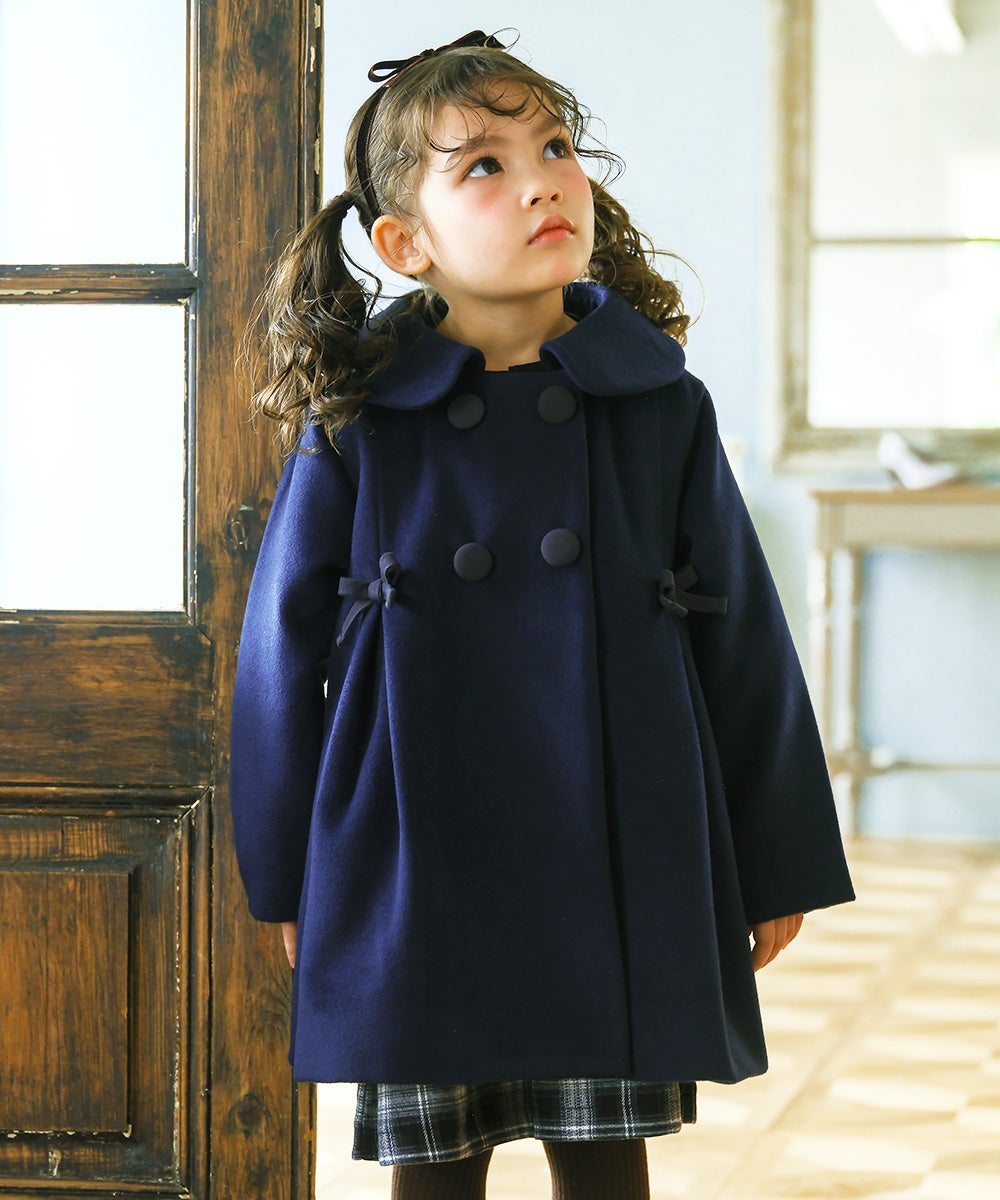 子供服 女の子 リボン 襟つき ダブルボタン 微起毛コート ネイビー(06) モデル画像1
