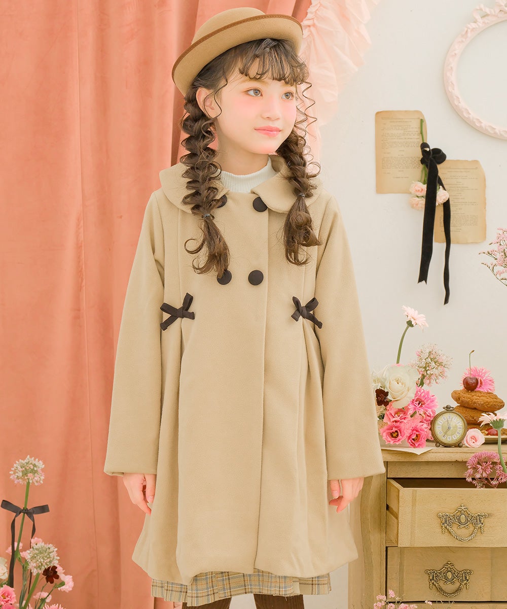 子供服 女の子 リボン 襟つき ダブルボタン 微起毛コート ベージュ(51) モデル画像アップ