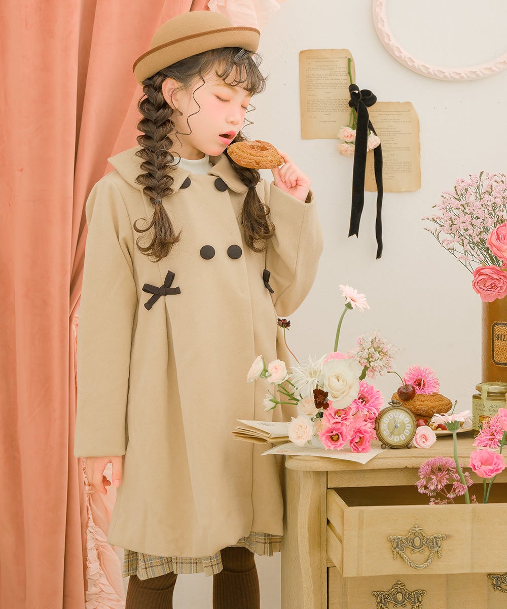 子供服 女の子 リボン 襟つき ダブルボタン 微起毛コート ベージュ(51) モデル画像2
