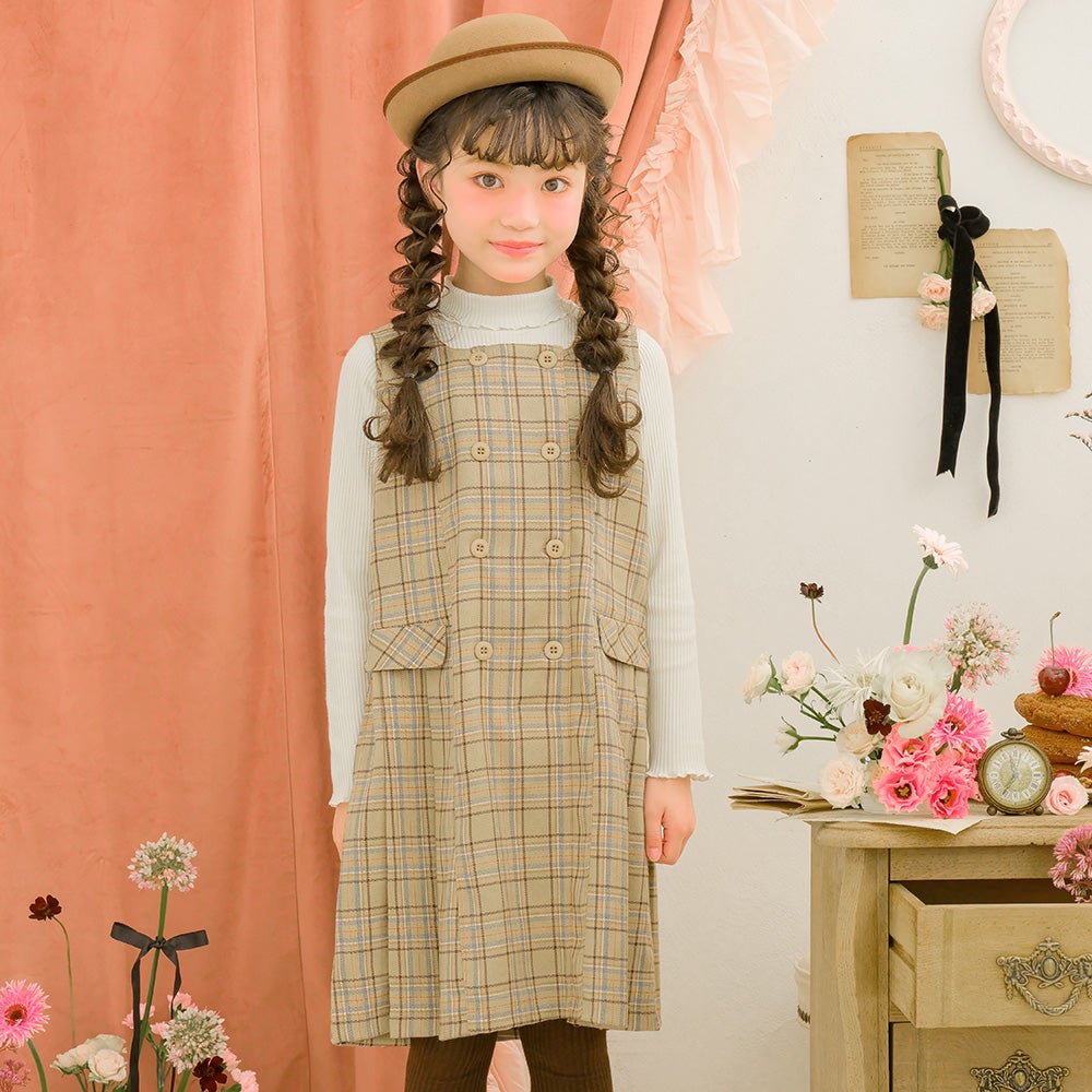 子供服 女の子 チェック柄 ダブルボタン タックワンピース