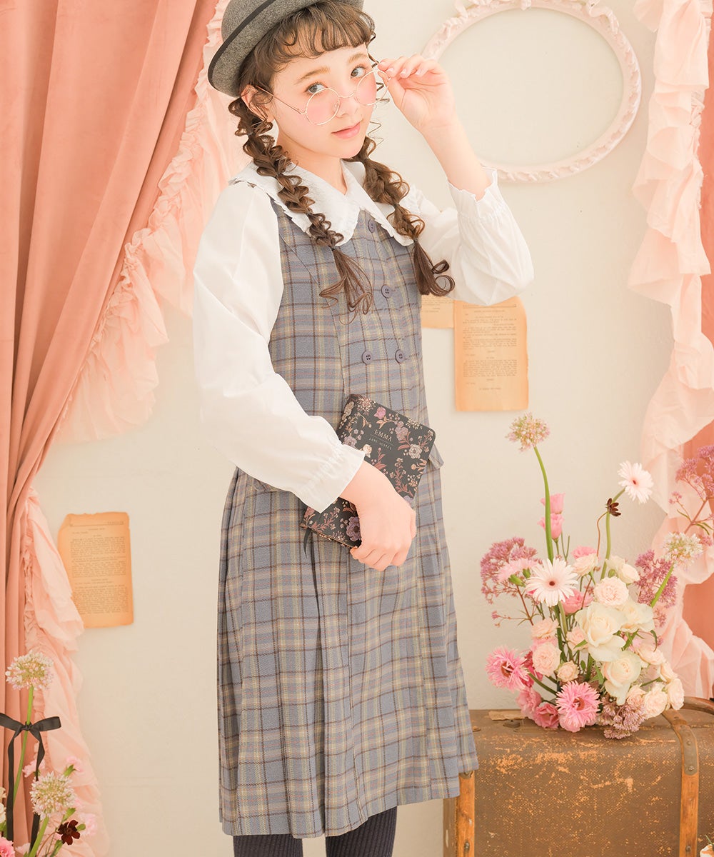 子供服 女の子 チェック柄 ダブルボタン タックワンピース グレー(09) モデル画像2