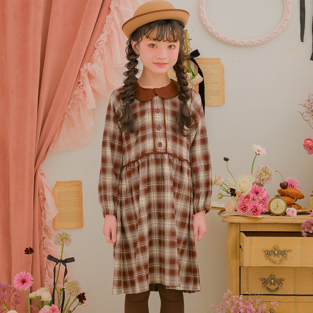 子供服 女の子 チェック柄 襟付き ボタン開き ギャザーワンピース