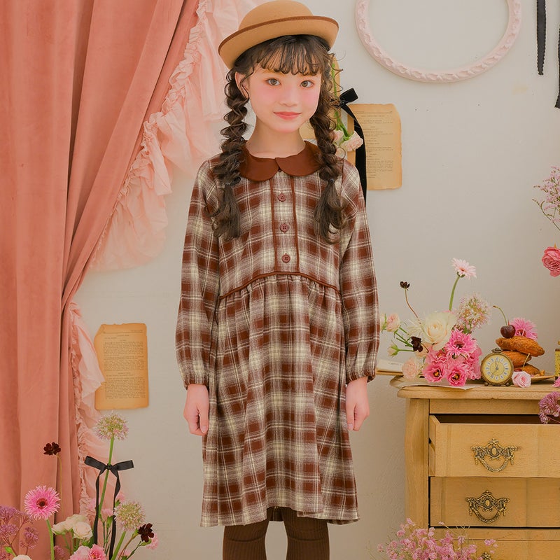 子供服 女の子 チェック柄 襟付き ボタン開き ギャザーワンピース