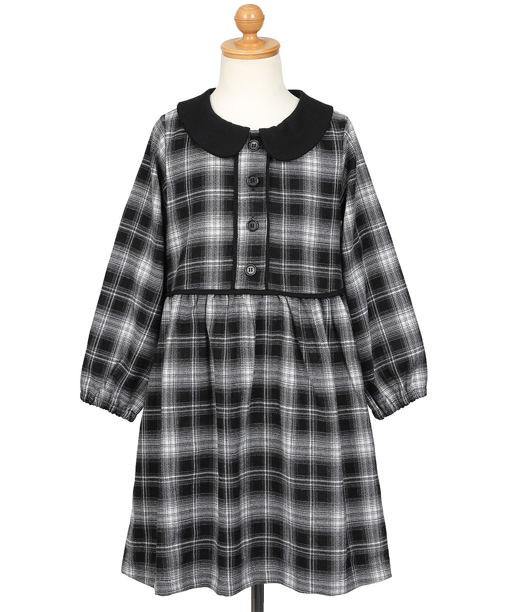 子供服 女の子 チェック柄 襟付き ボタン開き ギャザーワンピース ブラック(00) トルソー正面