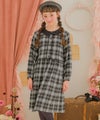 子供服 女の子 チェック柄 襟付き ボタン開き ギャザーワンピース ブラック(00) モデル画像アップ