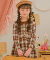 子供服 女の子 チェック柄 襟付き ボタン開き ギャザーワンピース エンジ(31) モデル画像4