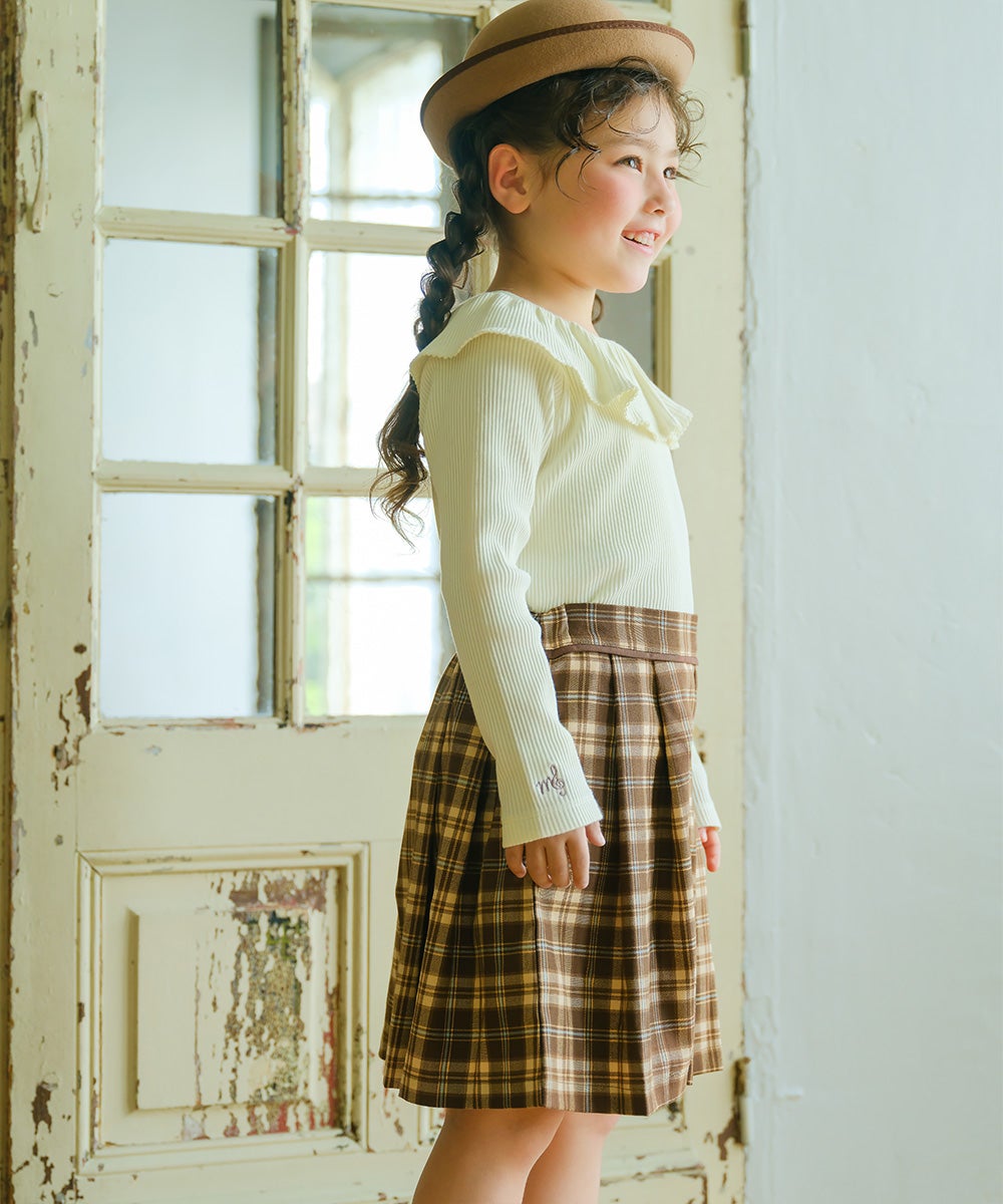 子供服 女の子 オリジナルロゴ刺繍 チェック柄 タックキュロットパンツ ブラウン(05) モデル画像1