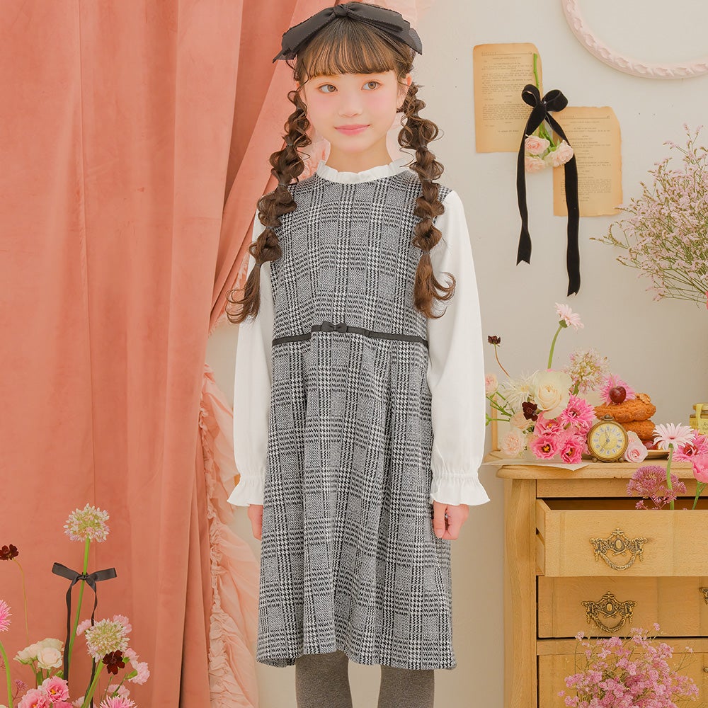 子供服 女の子 チェック柄×ブラウス 重ね着風 リボン付きワンピース