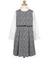 子供服 女の子 チェック柄×ブラウス 重ね着風 リボン付きワンピース ホワイト×ブラック(10) トルソー正面