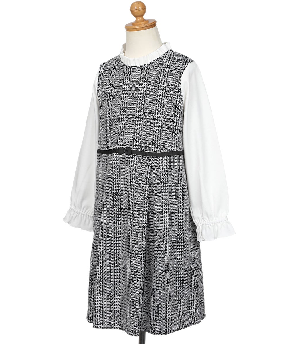 子供服 女の子 チェック柄×ブラウス 重ね着風 リボン付きワンピース ホワイト×ブラック(10) トルソー斜め