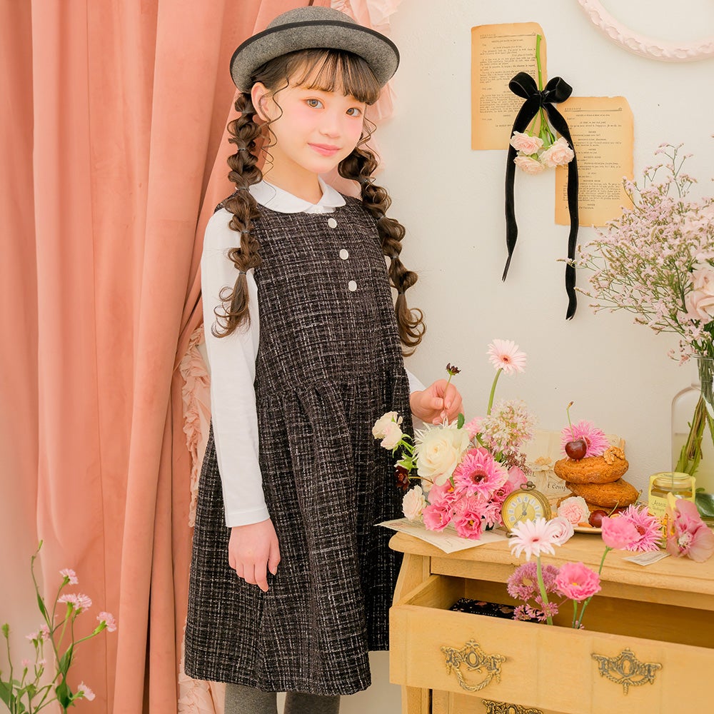 子供服 女の子 パール調ボタン付き ツイードワンピース