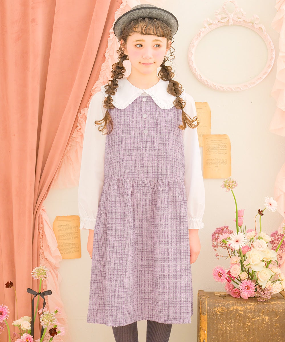 子供服 女の子 パール調ボタン付き ツイードワンピース パープル(91) モデル画像アップ