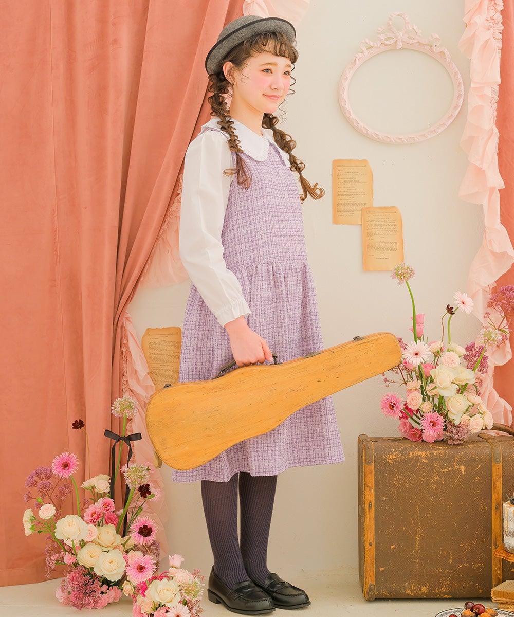 子供服 女の子 パール調ボタン付き ツイードワンピース パープル(91) モデル画像全身