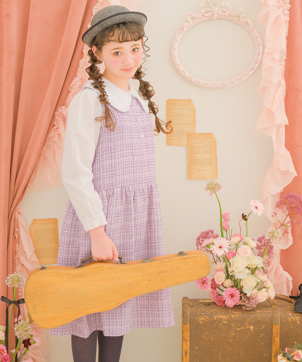子供服 女の子 パール調ボタン付き ツイードワンピース パープル(91) モデル画像1