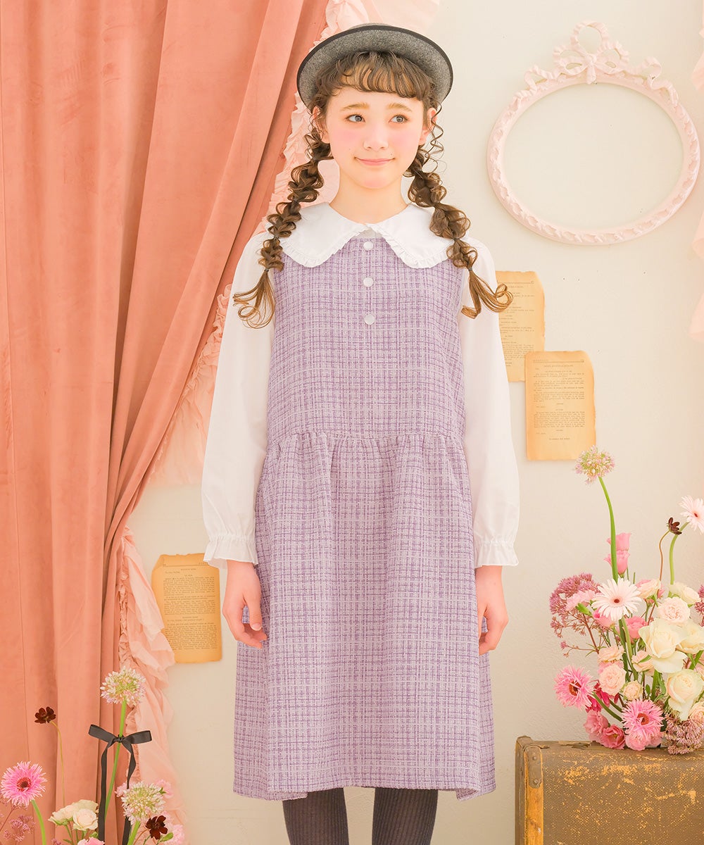 子供服 女の子 パール調ボタン付き ツイードワンピース パープル(91) モデル画像2