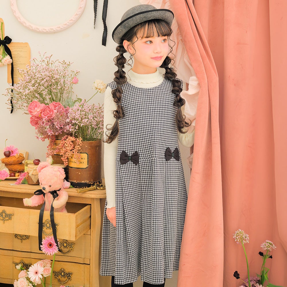 子供服 女の子 千鳥柄 リボンつき タックワンピース