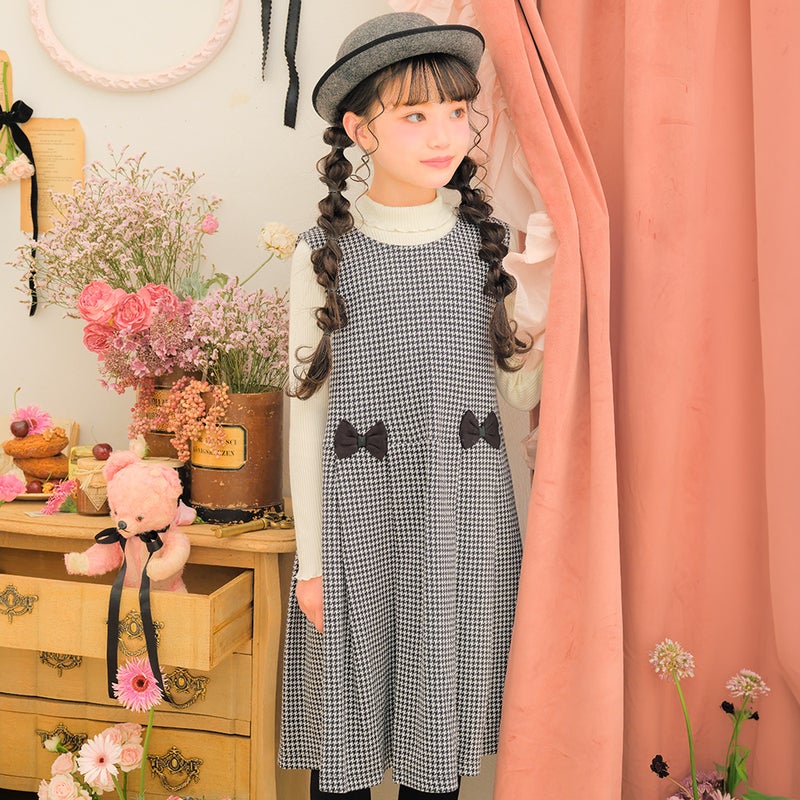 子供服 女の子 千鳥柄 リボンつき タックワンピース